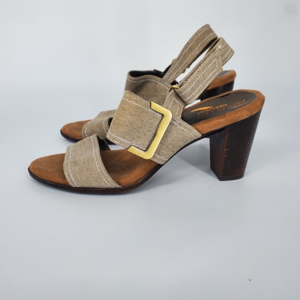 Aerosoles HEELREST Tan Canvas Block Heel Sandals Slingback Women's 8.5 M Shoes